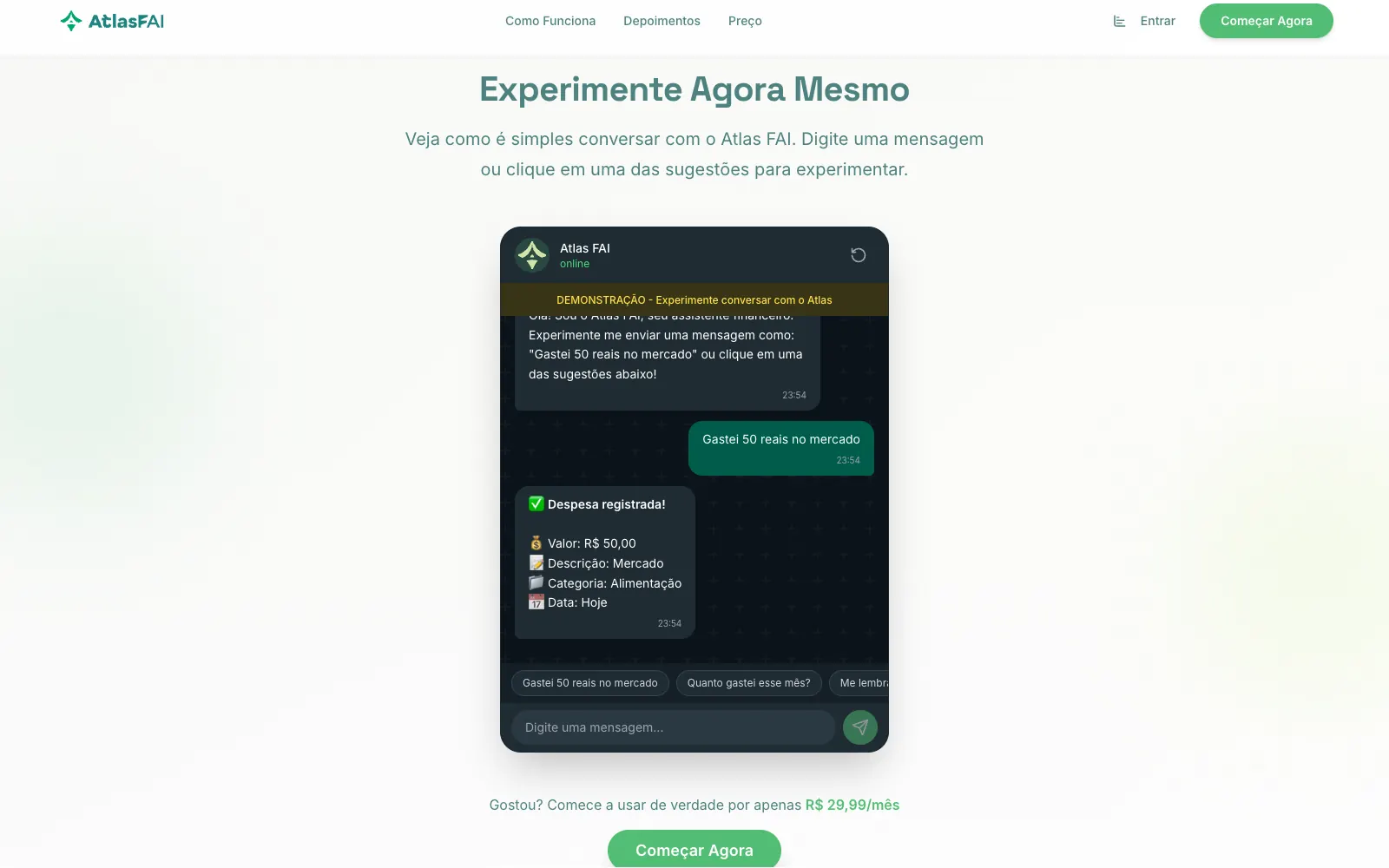 Demonstração do Atlas FAI registrando uma despesa fictícia em uma conversa