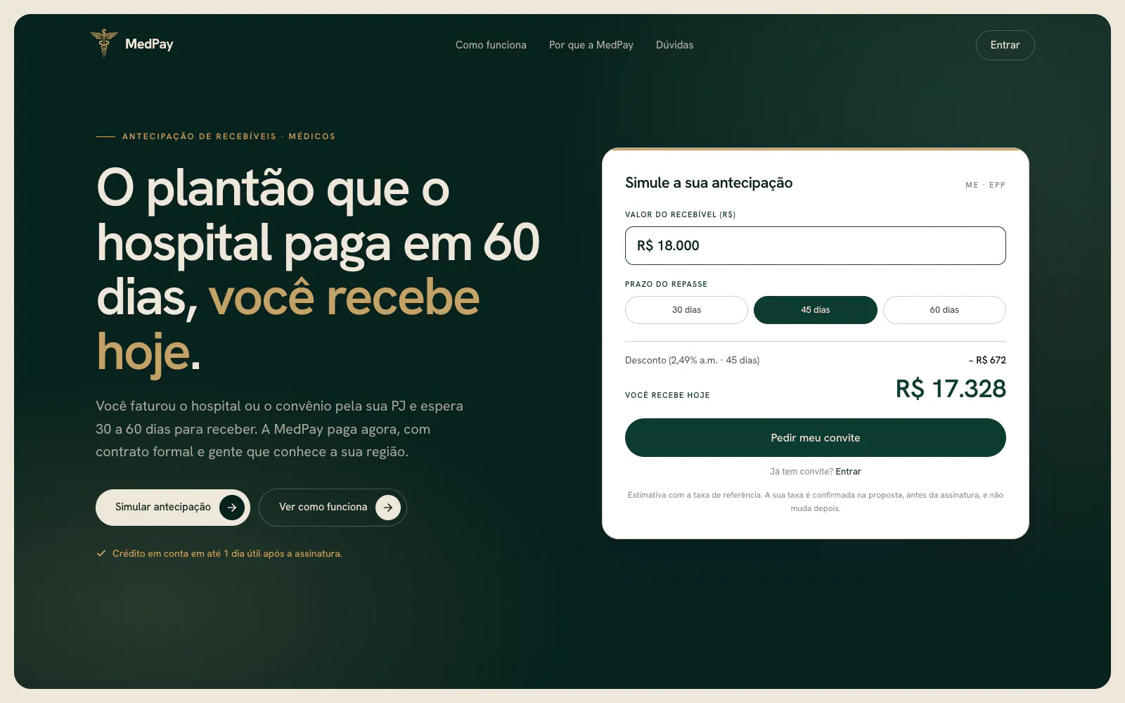 Landing da MedPay com simulador de antecipação usando valores ilustrativos