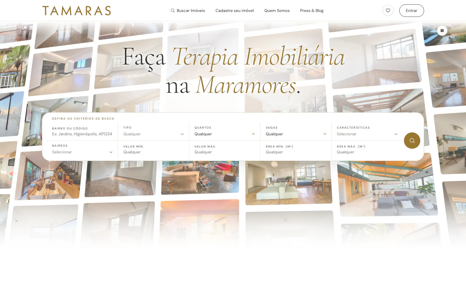Página inicial da Tamaras com busca de imóveis sobre mosaico fotográfico